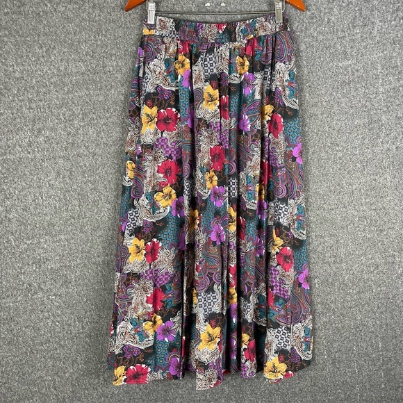 VTG Dark Floral Boho Midi Skirt M Elastic Waist Whimsigoth Dark Cottage Pleated - Picture 3 of 7